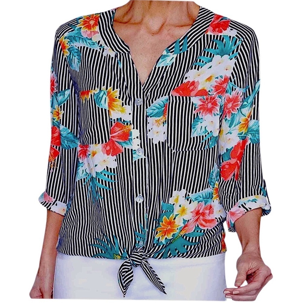 Ruby Rd Tie Up Top High Low 3/4 Sleeve Tropical Black White Stripe Petite Large